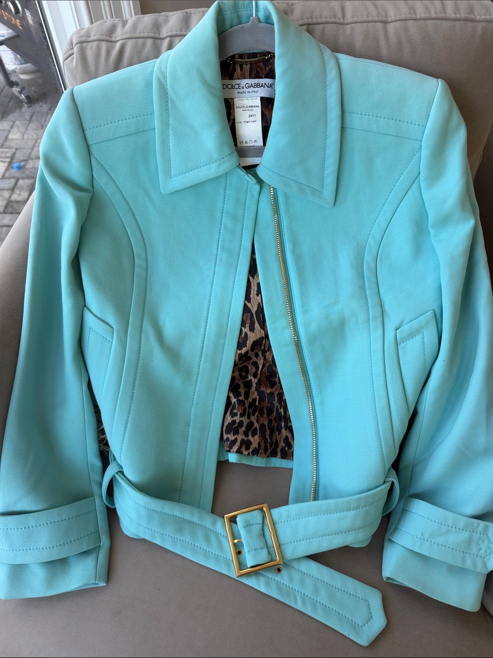 Dolce & Gabbana Aqua Belted Blazer with Gold Buckle